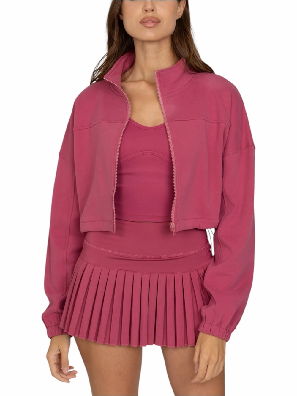 Gold Hinge Cinched Zip Up Cropped Jacket Berry Pink Funnel Neck Women’s L